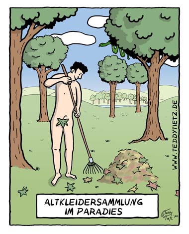 Teddy Tietz Cartoon der Kalenderwoche 37 - Altkleidersammlung im Paradies