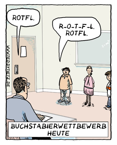 Teddy Tietz Cartoon der Kalenderwoche 9 - Buchstabierwettbewerb heute