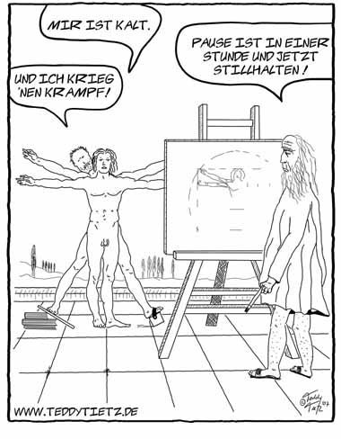 Teddy Tietz Cartoon der Kalenderwoche 44 - DaVinci malt Vitruvian mit zwei Modellen.