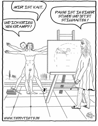 Teddy Tietz Cartoon der Kalenderwoche 44 - DaVinci malt Vitruvian mit zwei Modellen.