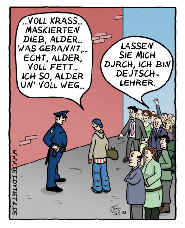 Teddy Tietz Cartoon der Kalenderwoche 7 - Deutschlehrer hilft