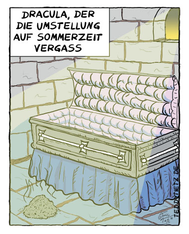 Teddy Tietz Cartoon der Kalenderwoche 20 - Dracula und die vergessene Sommerzeit