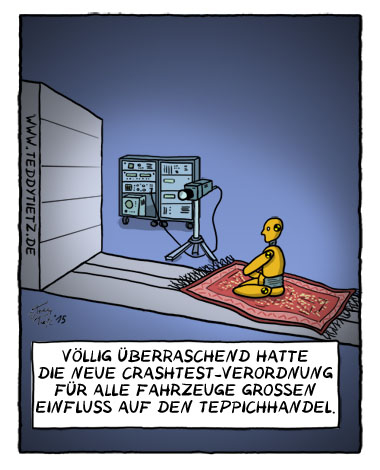 Teddy Tietz Cartoon der Kalenderwoche 21 - Dummy testet fliegenden Teppich