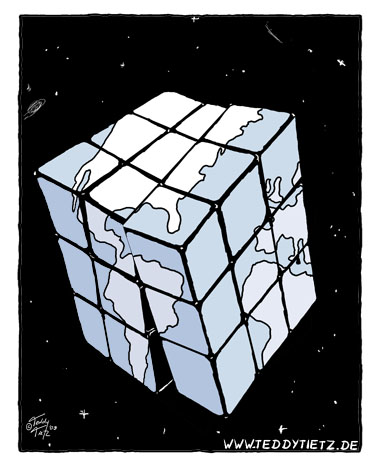 Teddy Tietz Cartoon der Kalenderwoche 46 - Erde ist ein Zauberwürfel oder Rubiks Cube