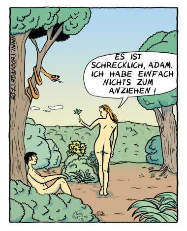 Teddy Tietz Cartoon der Kalenderwoche 8 - Kleiderprobleme im Paradies