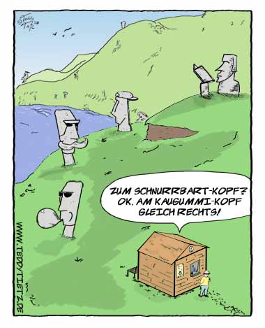 Teddy Tietz Cartoon der Kalenderwoche 21 - Köpfe der Osterinseln in völlig neuen Erscheinungen