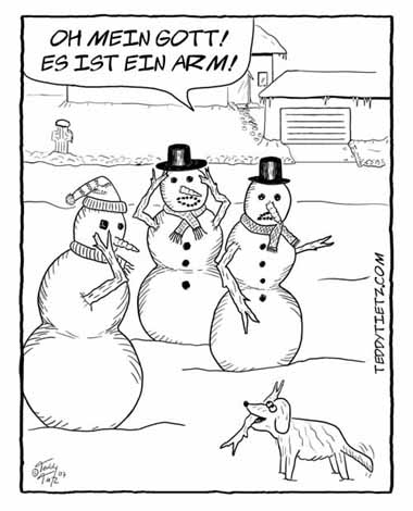 Teddy Tietz Cartoon der Kalenderwoche 2 - Hund mit Stock. Schneemann: Es ist ein Arm!
