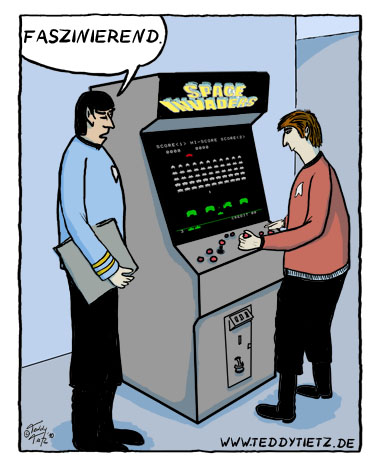 Teddy Tietz Cartoon der Kalenderwoche 26 - Trekkie spielt Space Invaders