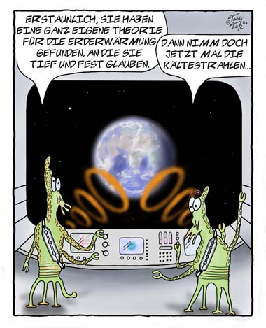 Teddy Tietz Cartoon der Kalenderwoche 43 - Aliens schießen Wärmestrahlen auf die Erde.