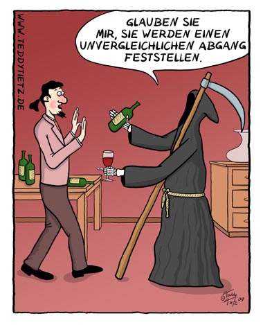 Teddy Tietz Cartoon der Kalenderwoche 18 - Gevatter Tod holt einen Säufer.